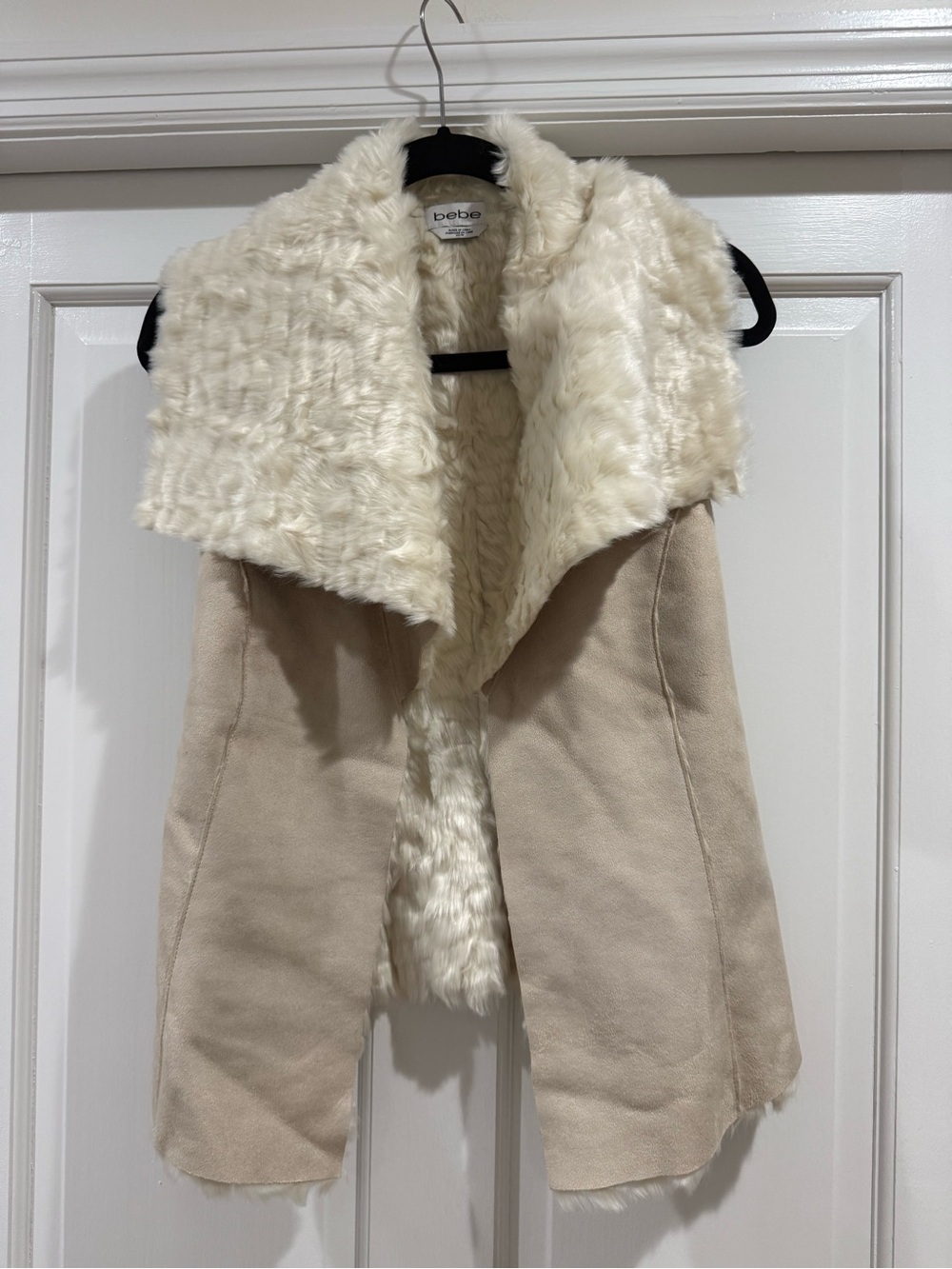 bebe Cream Faux Fur-Trim Beige Suede Vest
